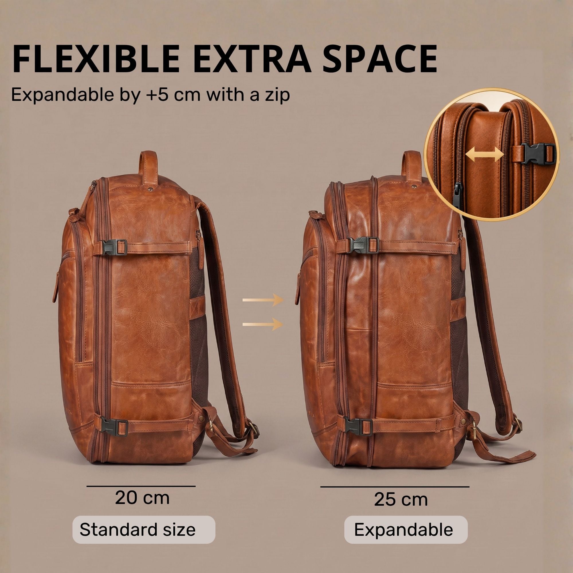 Seitenansicht zweier cognac Leder-Rucksäcke mit Reißverschluss-Erweiterung, Standard 20 cm und erweiterbar auf 25 cm