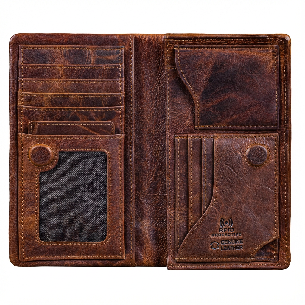 XL Leder Portemonnaie Herren Cognac Lang Hochformat mit Münzfach RFID Schutz, für 11 Karten