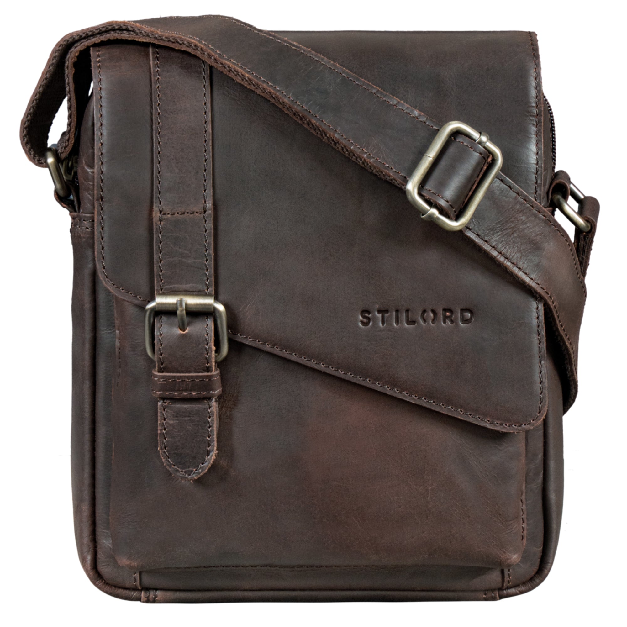 Kleine Dunkelbraune Herrenhandtasche Leder für 8 Zoll Tablet mit Magnetverschluss und Schnalle