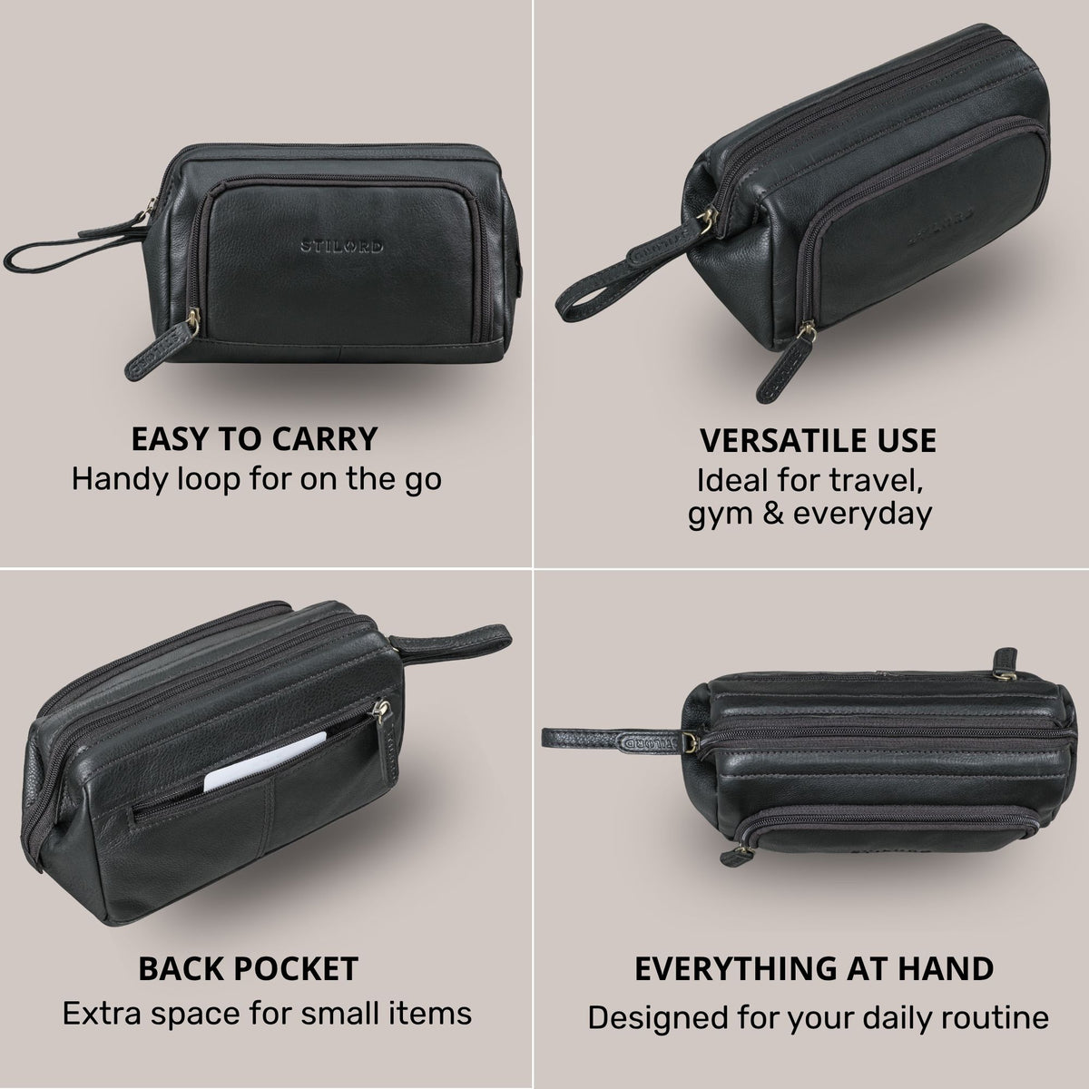 Čierna kožená toaletná taška s pútkom na zápästie, ražované logo STILORD a zadné vrecko, z viacerých uhlov