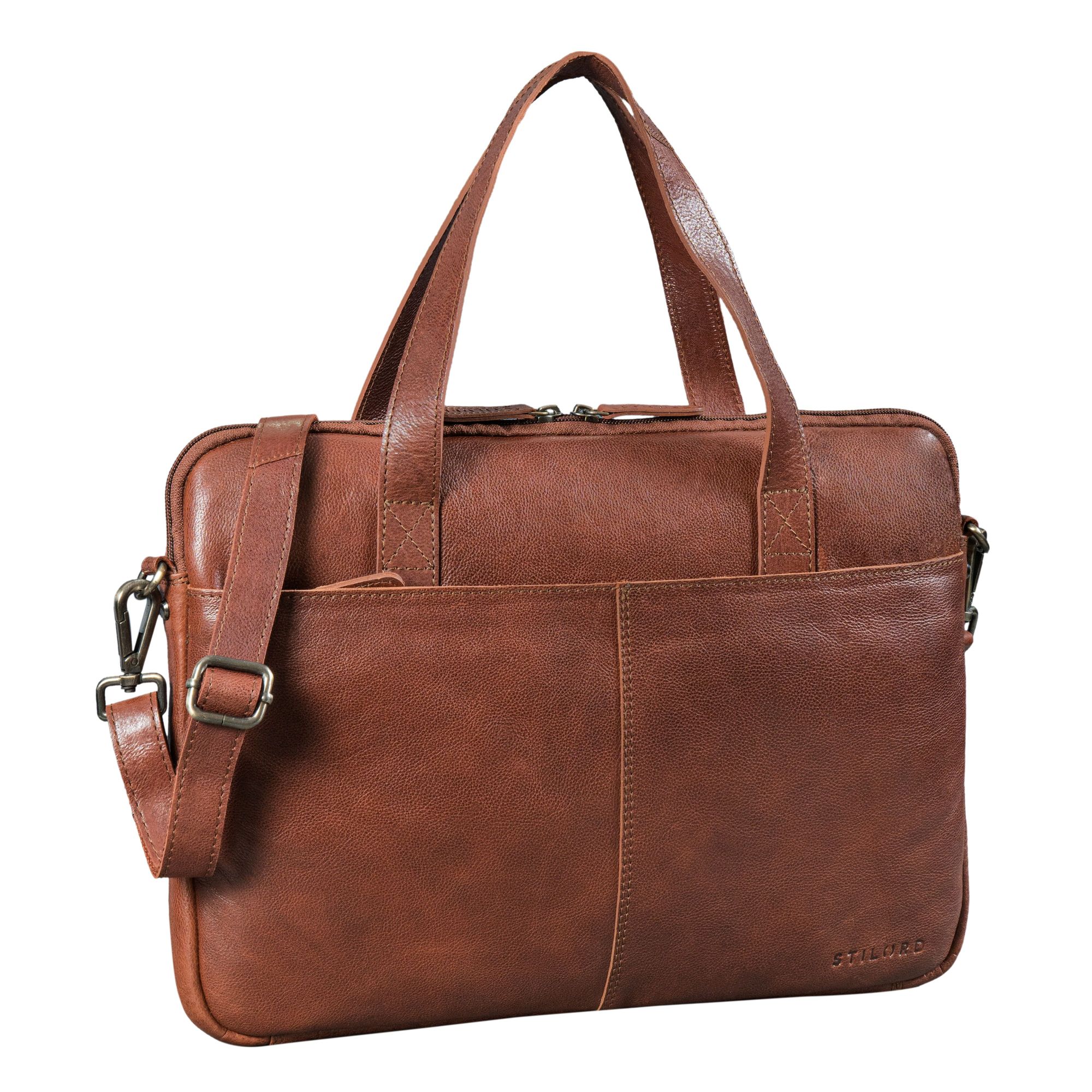 Schmale Laptoptasche 15.6 Zoll Leder Aktentasche Braun Herren mit Schultergurt & Griff