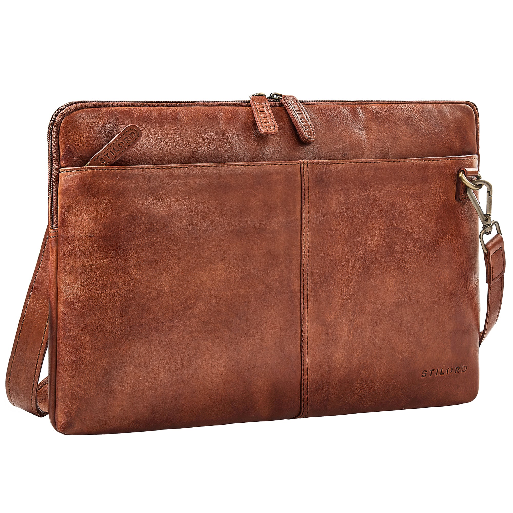 Schlanke Vintage Laptoptasche 15.6 Zoll Leder Cognac mit abnehmbaren Schultergurt