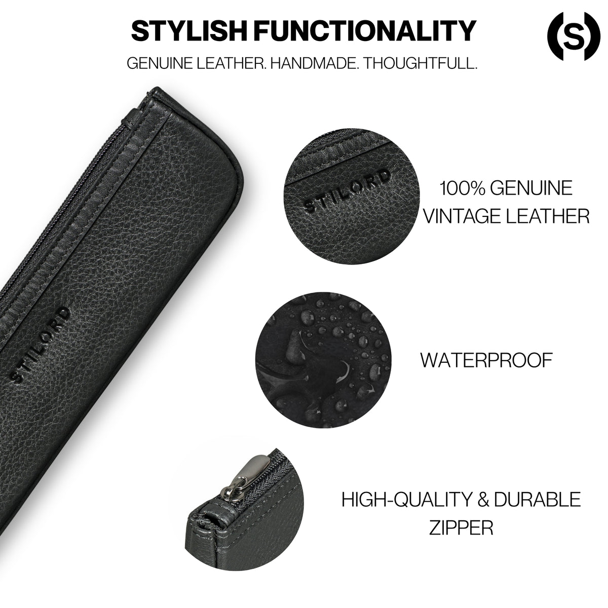 black genuine leather pen case slim black
