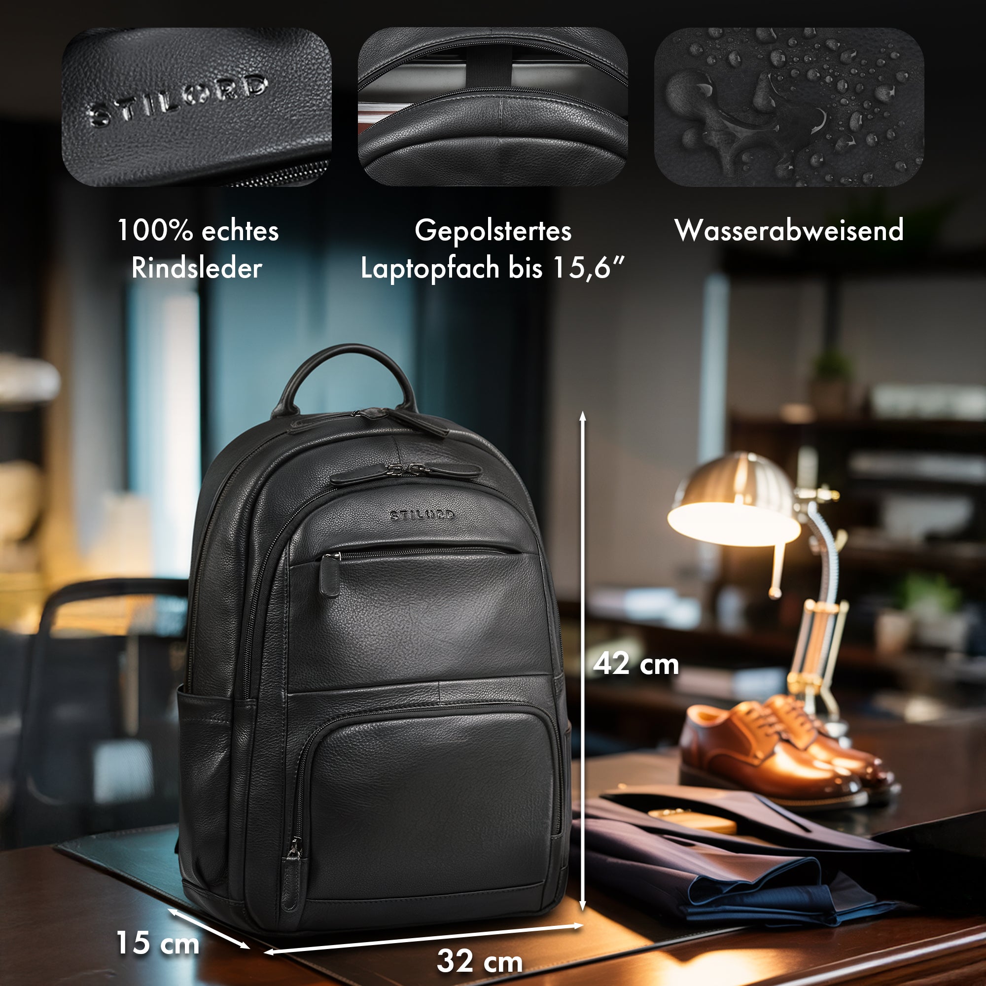 echtleder rucksack für laptop groß schwarz