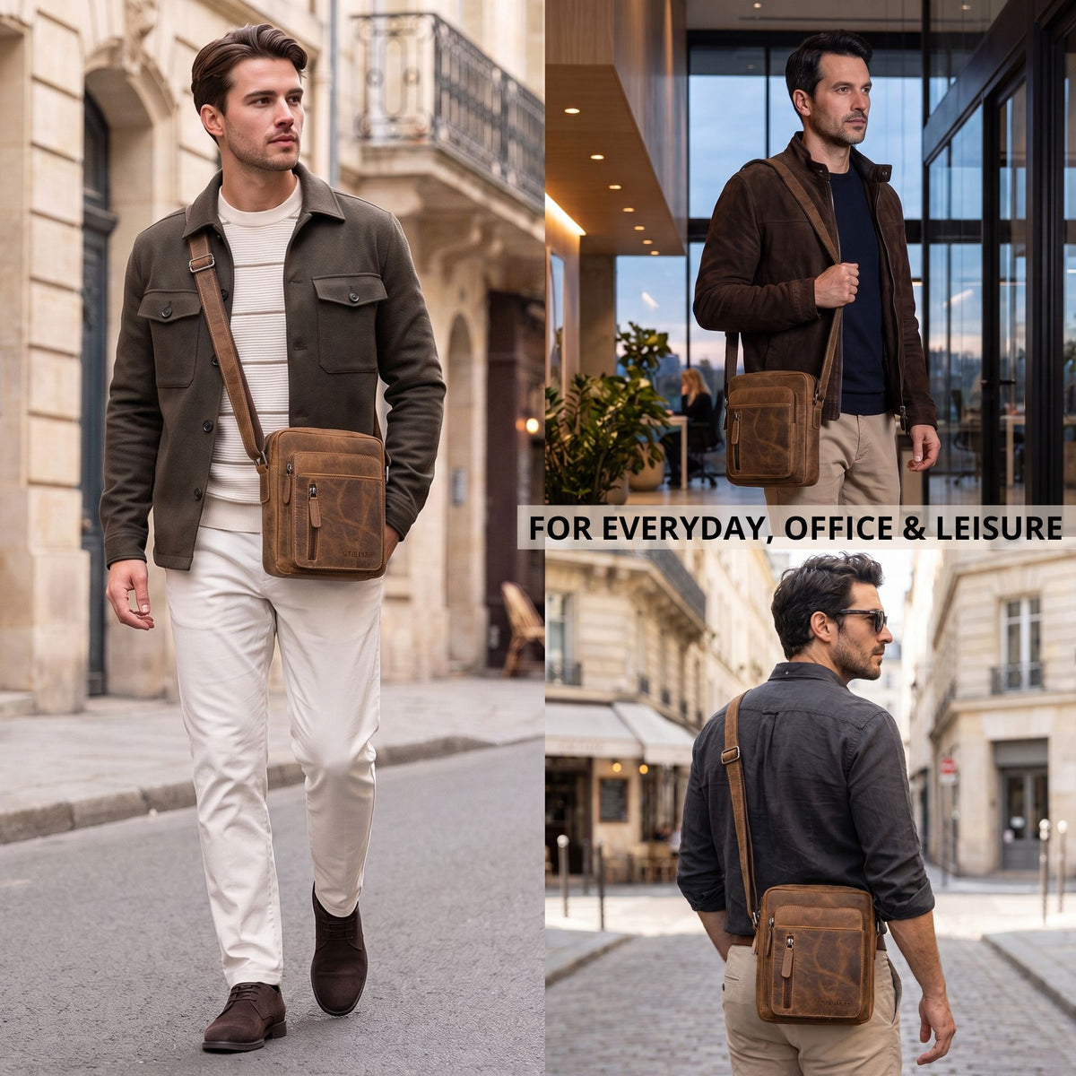 Kleine Herrenschultertasche aus braunem Leder, quer getragen, Außen- und Innenaufnahme mit urbanem Hintergrund