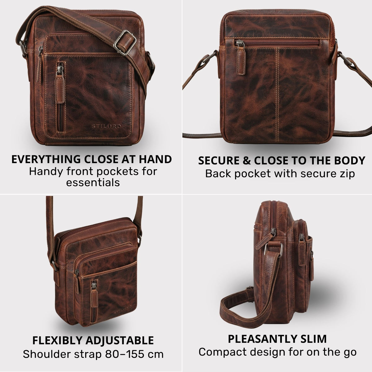 Kleine Herren-Schultertasche aus braunem gewachstem Leder, Vorder- und Rückfach, verstellbarer Riemen, Seitenansicht