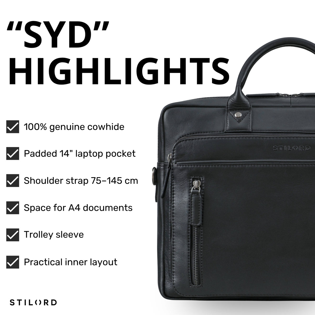Schwarze Leder-Business-Tasche mit geprägtem STILORD, Griff und vorderer Reißverschluss-Tasche, Frontdetail