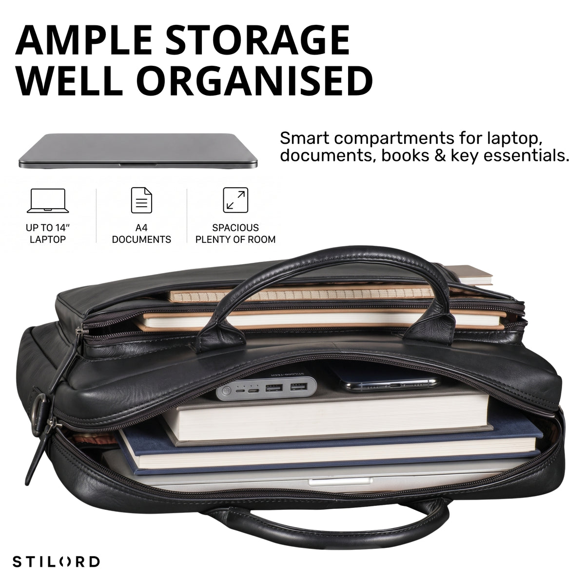 schwarze Leder-Business-Tasche geöffnet mit gepolstertem Laptopfach, mehreren Fächern, Büchern, Powerbank und sichtbarem STILORD-Logo