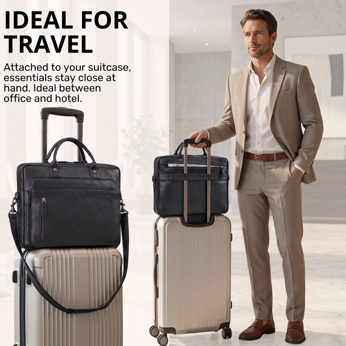 Schwarze Leder-Business-Tasche mit Laptopfach 13-14 Zoll, Trolley-Sleeve am Koffer, Vorderansicht, Mann in Lobby