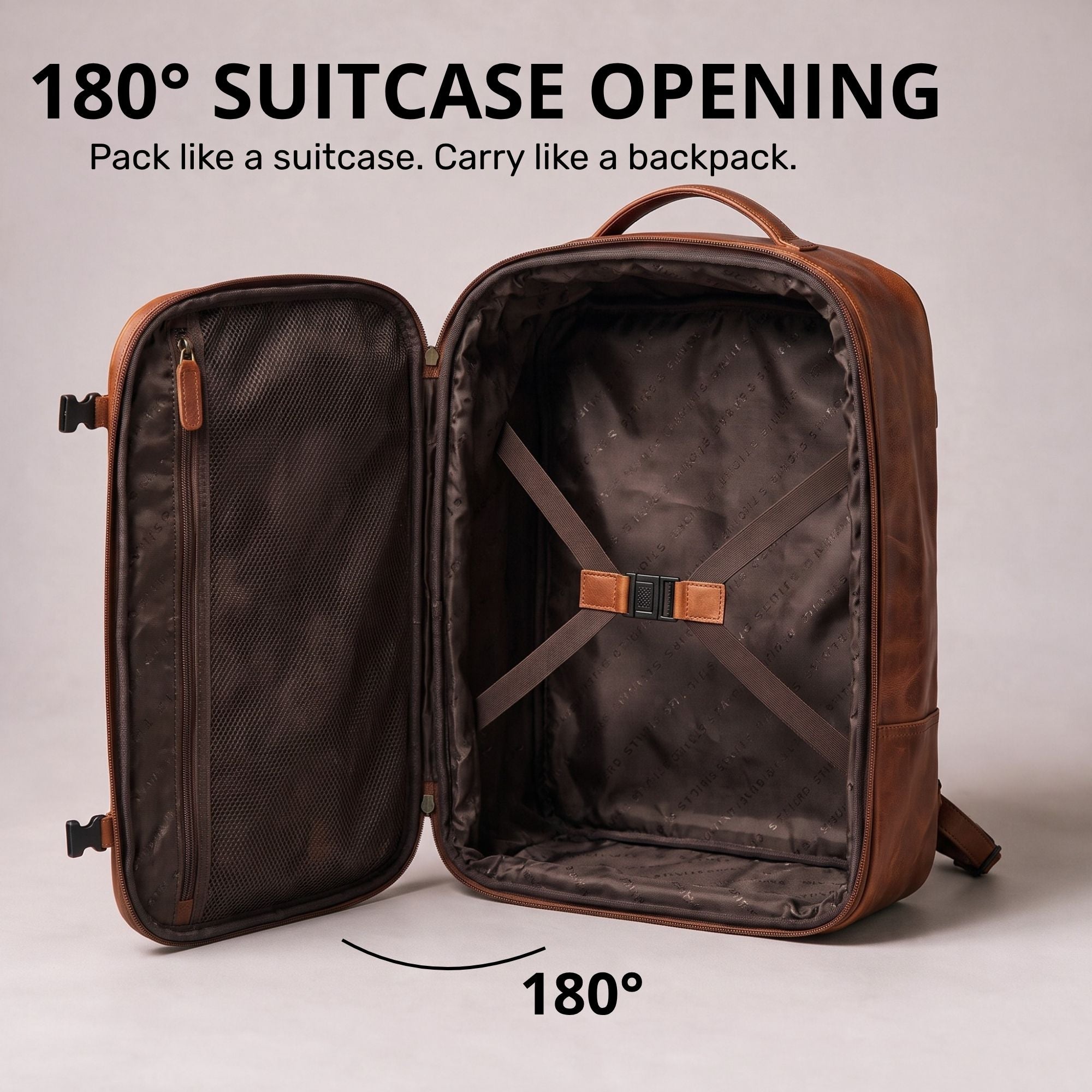 offener cognacfarbener Lederrucksack mit 180° kofferähnlicher Öffnung, Innenraum mit Kreuzspanngurt, Frontansicht