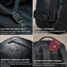 Schwarzer Leder-Rucksack Details: Kreuzgurte, Seiten-Schnalle, wasserabweisendes Leder, Anti-Diebstahlfach mit Reisepass