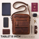 Malá plochá pánska crossbody z hovädzej kože salerno hnedá, predný pohľad s vreckami na zips, 8" tablet a razba STILORD