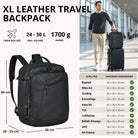 Schwarzer XL-Leder-Reiserucksack, Dreiviertelansicht; rechts Mann im Flughafen mit Rollkoffer