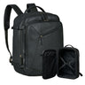 schwarzer Leder-Reiserucksack für Herren, Dreiviertelansicht vorn, mit offenem, herausnehmbarem Packwürfel daneben