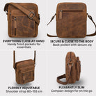 Kleine braune Leder-Schultertasche, Front-, Rück- und Seitenansichten, sichtbare Reißverschlüsse, verstellbarer Schulterriemen