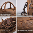 Braune Business-Tasche aus Rindsleder bergamo, Nahaufnahmen: Griffe, Karabiner, kariertes Innenfutter, wasserabweisende STILORD-Prägung