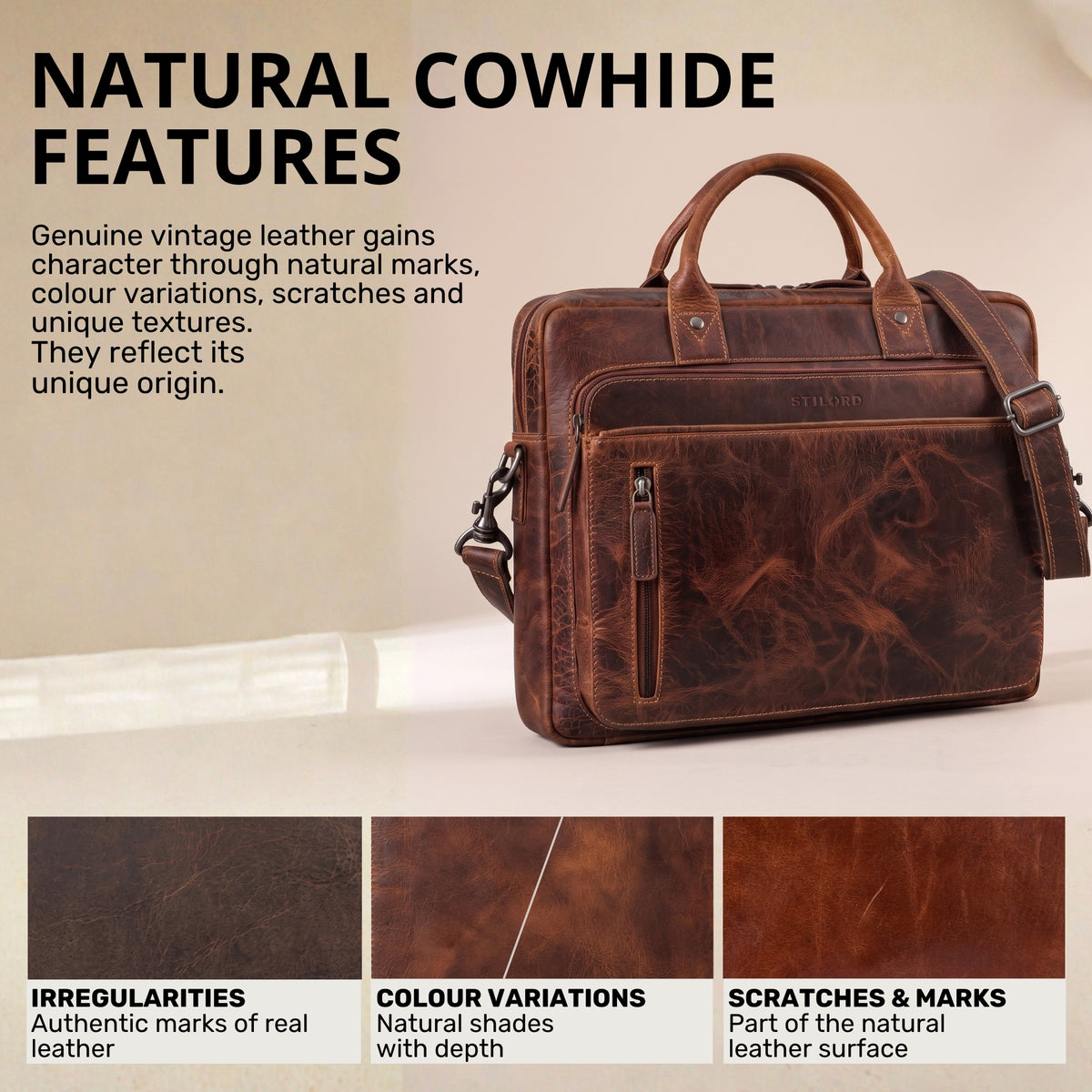 Business-Tasche aus Vintage-Rindsleder luino braun, Frontansicht mit Schulterriemen, Reißverschlussfach und geprägtem STILORD-Logo, Laptopfach 13–14 Zoll