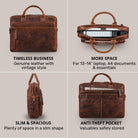 STILORD Syd Business-Tasche aus salerno-braunem Leder, Front, offene Oberansicht mit 13–14 Zoll Laptop, Seitenprofil, Diebstahlsfach