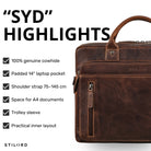 Braune Syd Business-Tasche aus Rindsleder, Frontdetail mit geprägtem STILORD-Logo und sichtbarem Laptopfach 13–14 Zoll