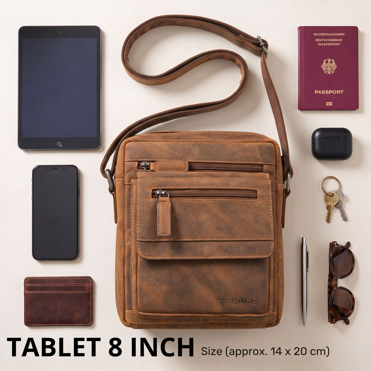 Plochá pánska kožená taška hnedá s prednými vreckami na zips, nastaviteľný popruh, vhodná pre 8-palcový tablet, STILORD