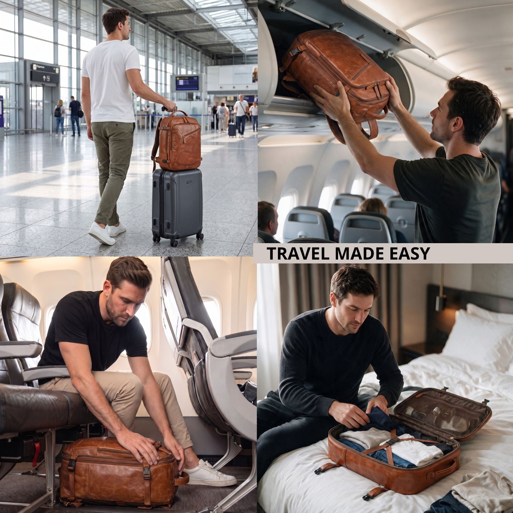 Cognacfarbener Rucksack aus Leder: auf Rollkoffer am Flughafen, im Flugzeugfach und geöffnet beim Packen.