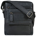 Malá čierna kožená crossbody taška, plochá na 8 palcový tablet, predné vrecká na zips, nastaviteľný popruh, razba STILORD