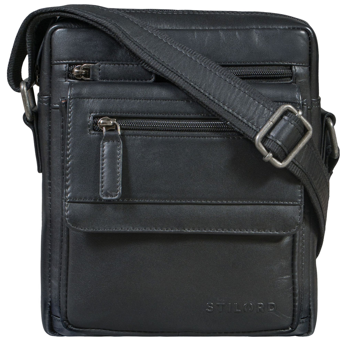 Malá čierna kožená crossbody taška, plochá na 8 palcový tablet, predné vrecká na zips, nastaviteľný popruh, razba STILORD